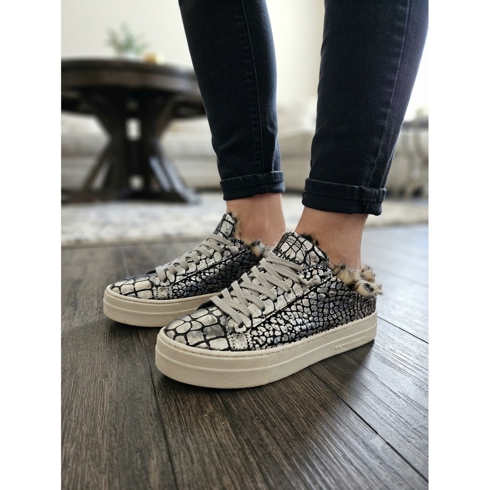 P448 Women Silver Metallic Crackle Faux Fur Lined Platform Sneaker Mules 26 cm